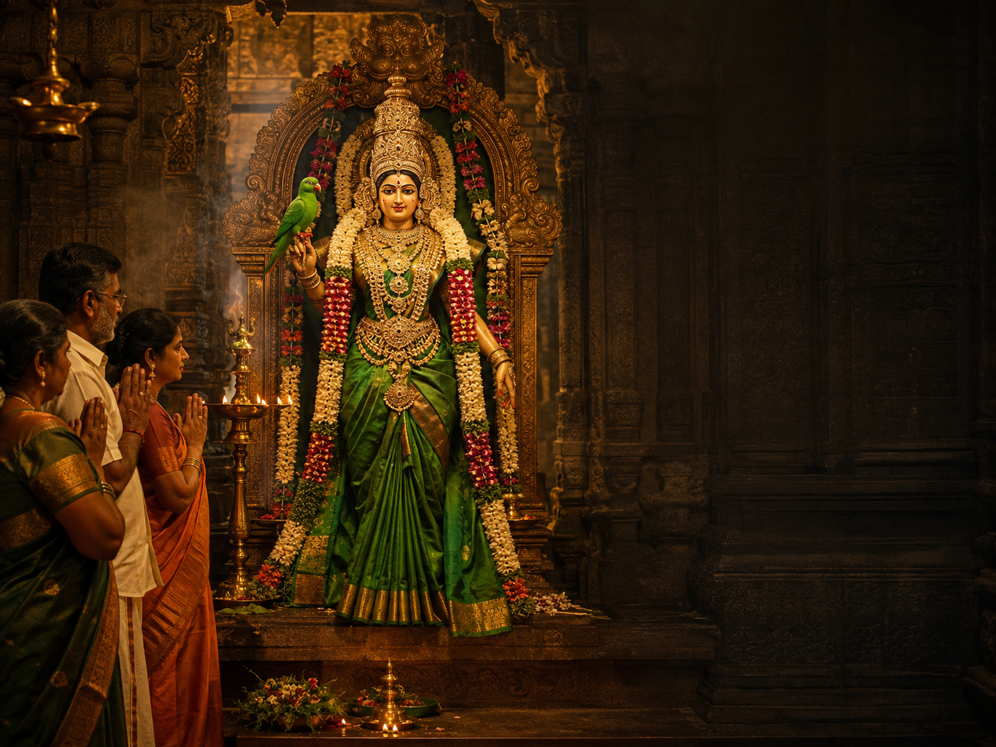 Devotees worshipping Meenakshi Amman with her parrot