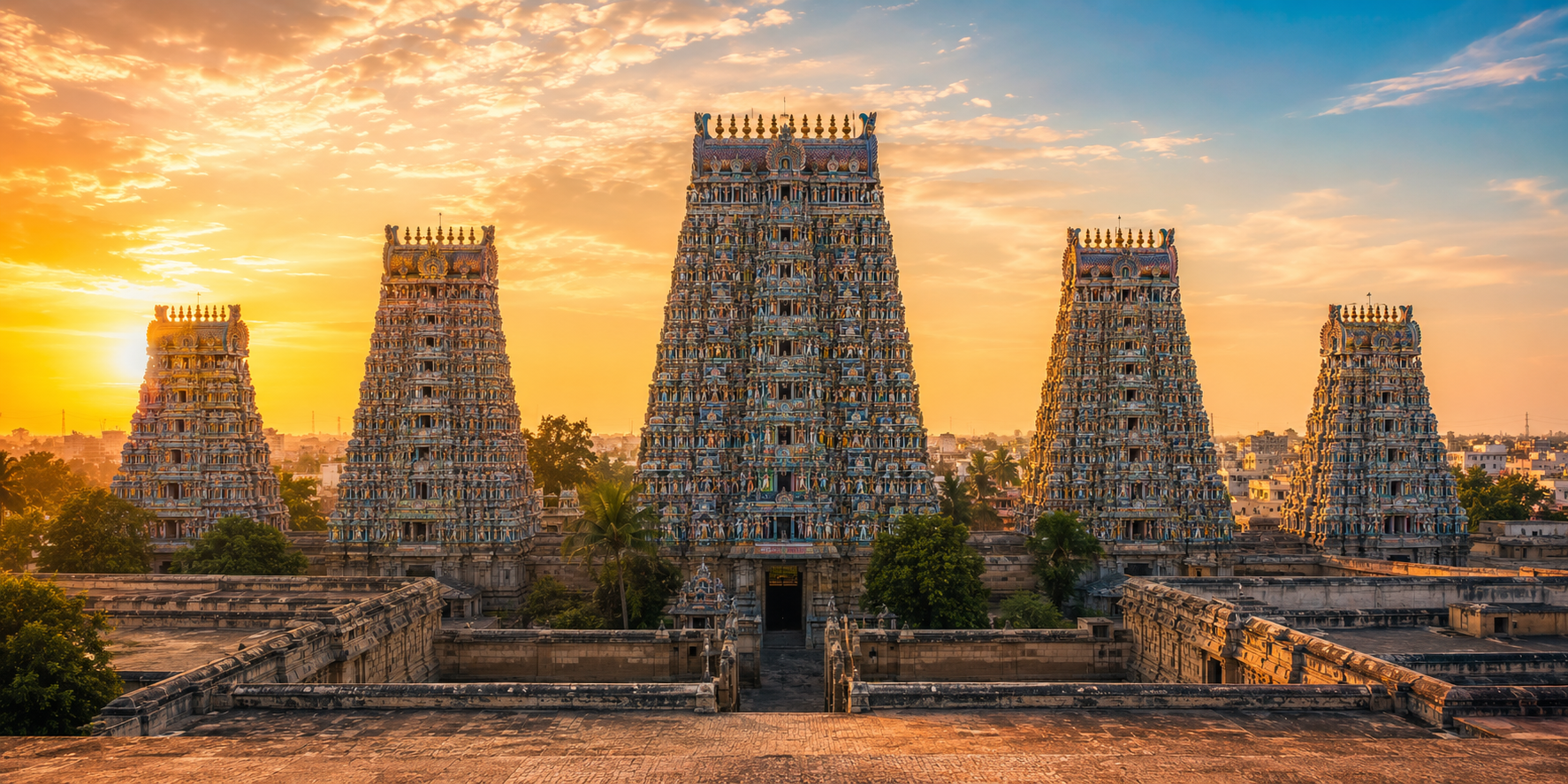 Five gopurams of Meenakshi Amman Temple